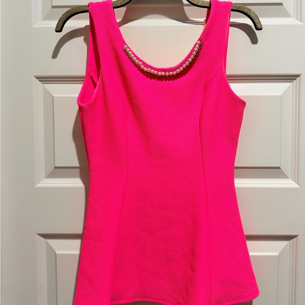 Pearl-Accent Sleeveless Peplum Tank Top - Hot Pink